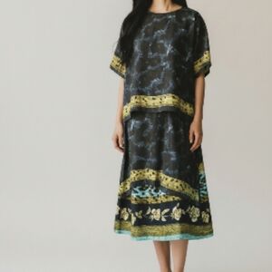 Vintage Blue Green Round Neck Lagen Look Boho Skirt Set Plus Sz 3X